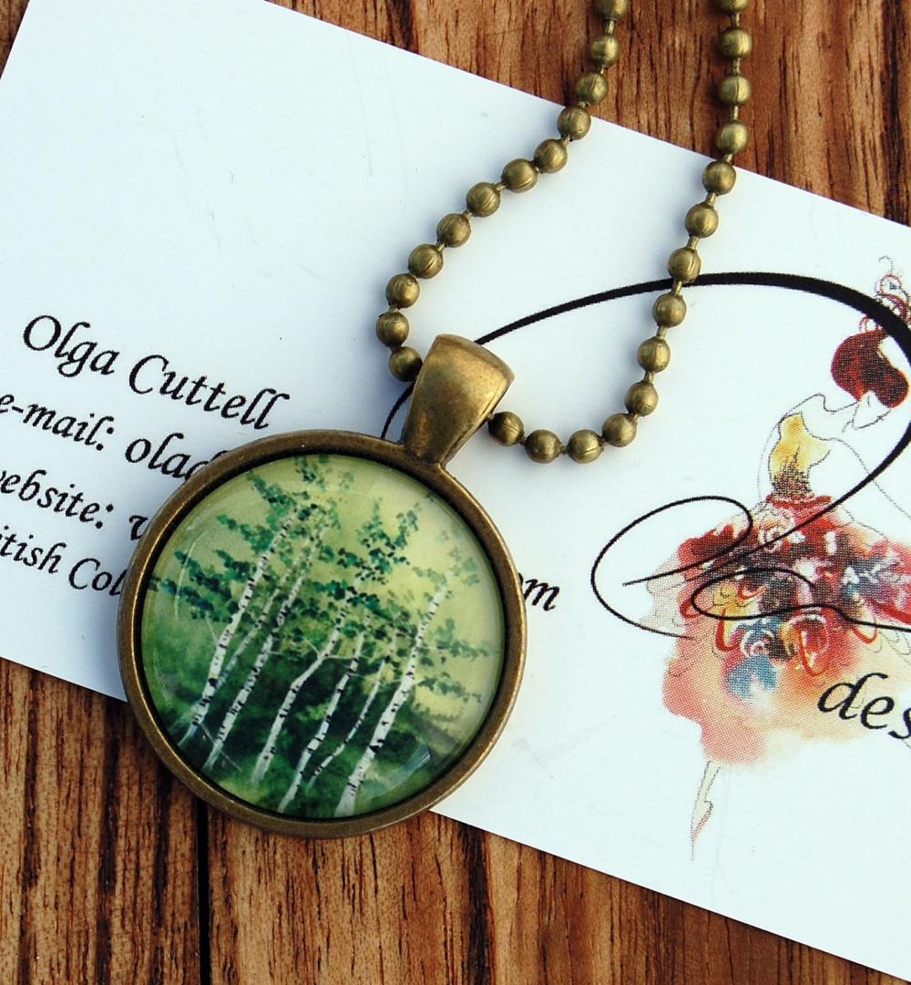 Glass Antique Bronze Pendant "tranquil Grove" Oladesign Watercolor Art Green Birch Colourful Tree Round Jewelry Chain
